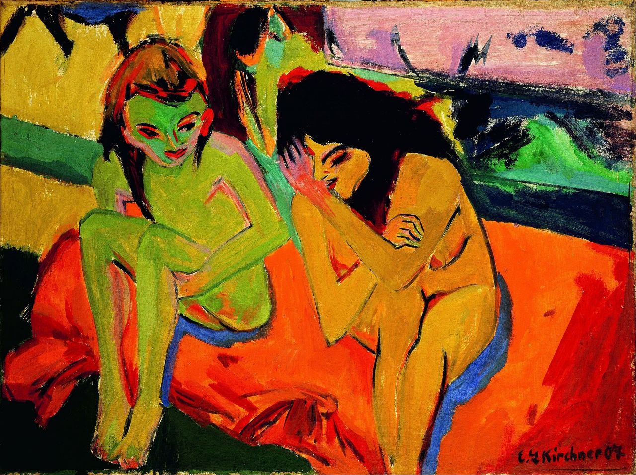 Kirchner - Nackte Mädchen unterhalten sich (Quelle: Von vwHmPUT-8l8WIQ at Google Cultural Institute maximum zoom level, Gemeinfrei, https://commons.wikimedia.org/w/index.php?curid=21987871)