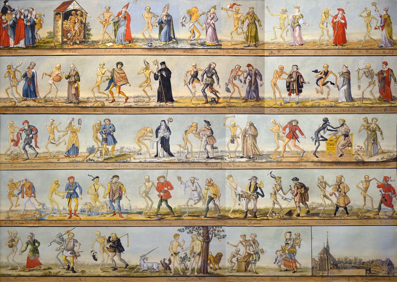 Historisches_Museum_Basel_Totentanz (Quelle: Von Wikimedia user Vassil, Creative Commons CC0 1.0 Universal Public Domain Dedication. - Panorama collage of four detailed images out of Wikimedia Commons: File:Historisches Museum Basel Totentanz 25102013 A.jpg, B, C and D, CC0, https://commons.wikimedia.org/w/index.php?curid=40685562)