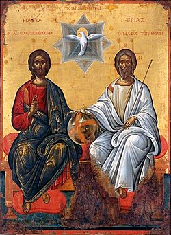 Die Dreifaltigkeit mit der Weltkugel – Gott Vater rechts, Jesus Christus links (Ikone von Elias Moskos oder Michail Damaskinos, 16. Jh.) Foto: Wikipedia